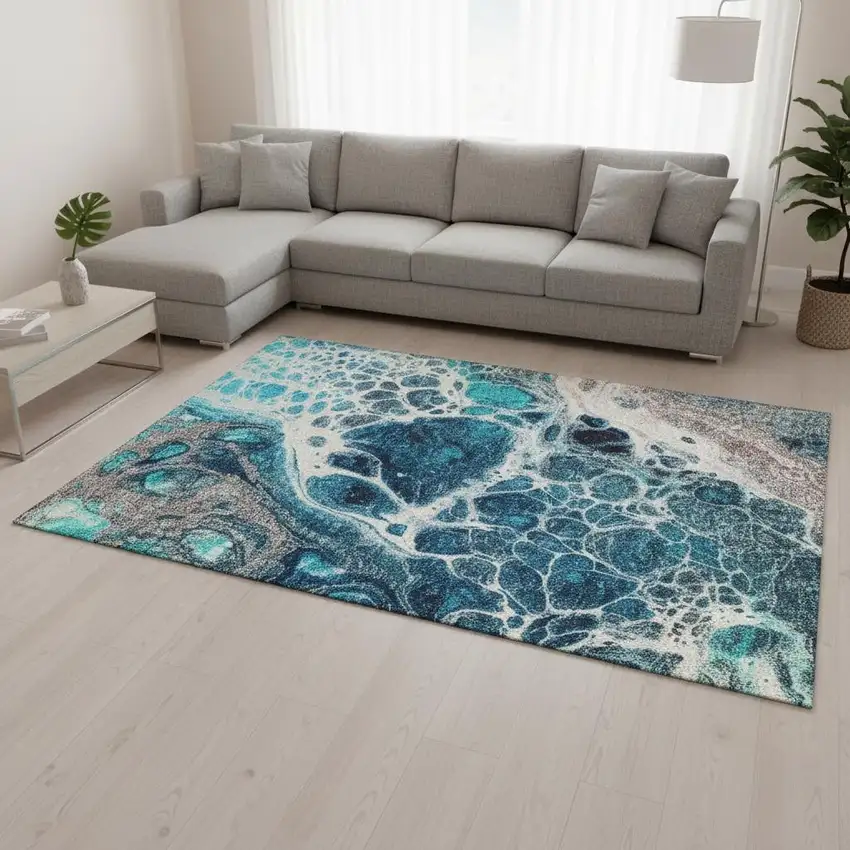 Teal Ivory And Gray Abstract Washable Area Rug With UV Protection Photo 1