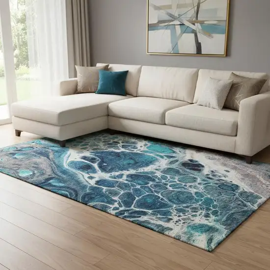 Teal Ivory And Gray Abstract Washable Area Rug With UV Protection Photo 1