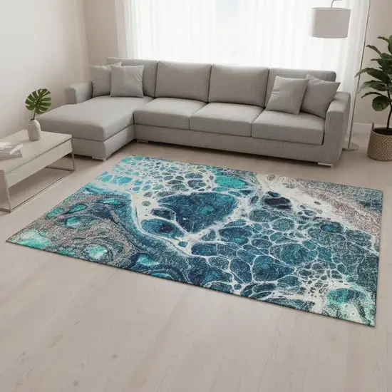 Teal Ivory And Gray Abstract Washable Area Rug With UV Protection Photo 1