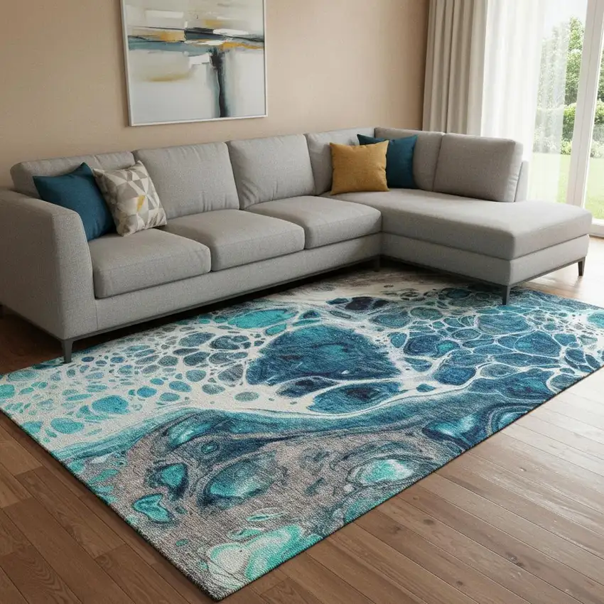 Teal Ivory And Gray Abstract Washable Area Rug With UV Protection Photo 1