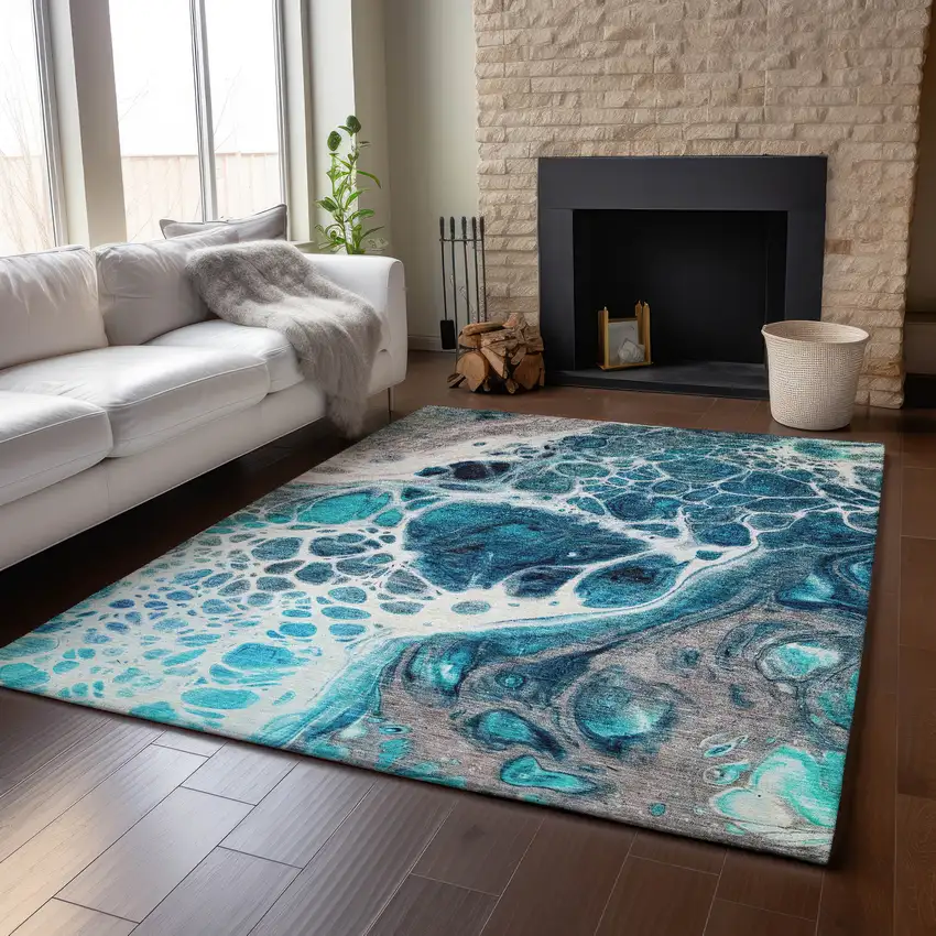 Teal Ivory And Gray Abstract Washable Area Rug With UV Protection Photo 4