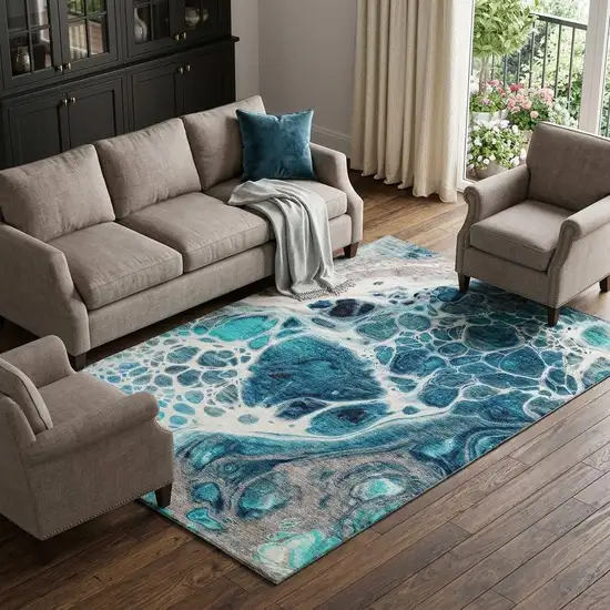 Teal Ivory And Gray Abstract Washable Area Rug With UV Protection Photo 1