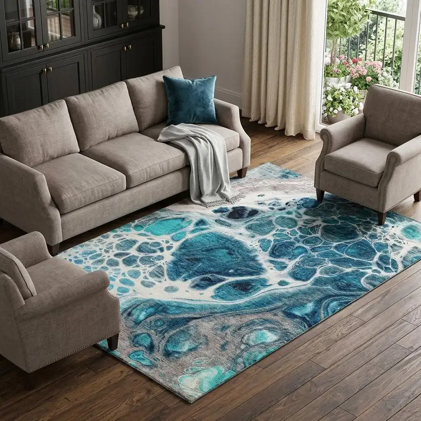 Teal Ivory And Gray Abstract Washable Area Rug With UV Protection Photo 1