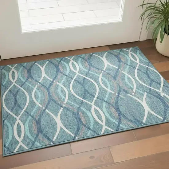 Teal Ivory And Gray Abstract Washable Area Rug With UV Protection Photo 2