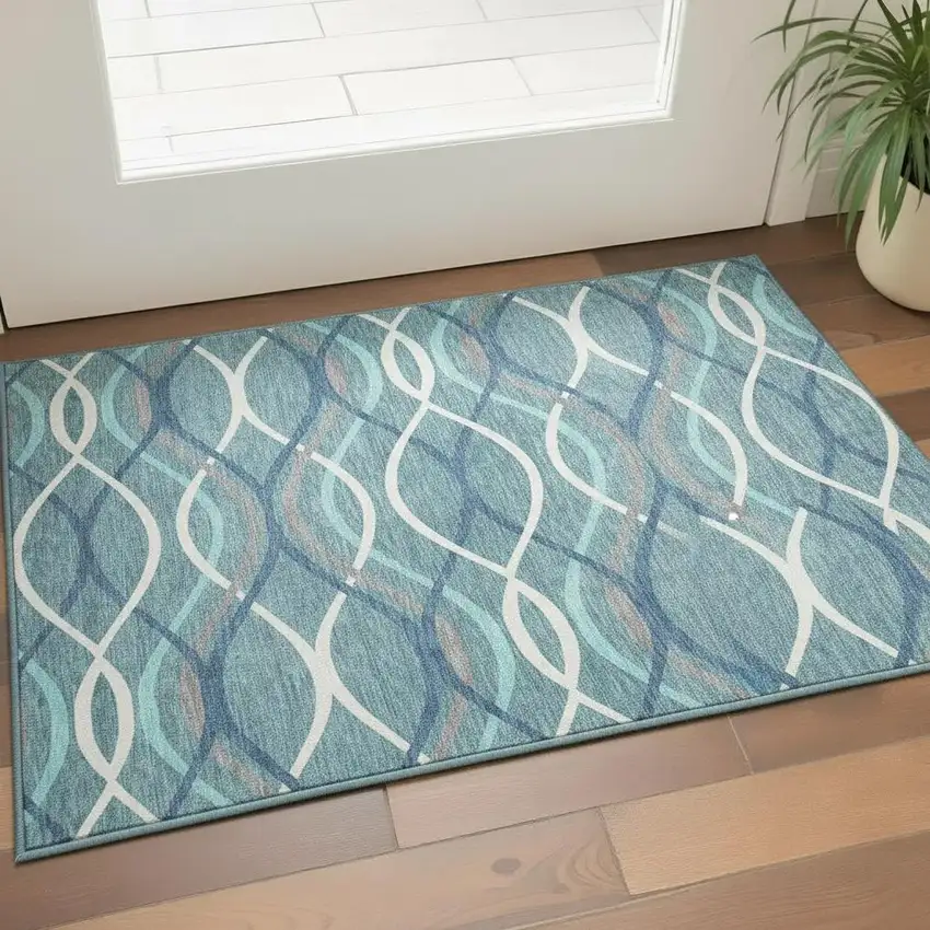 Teal Ivory And Gray Abstract Washable Area Rug With UV Protection Photo 2