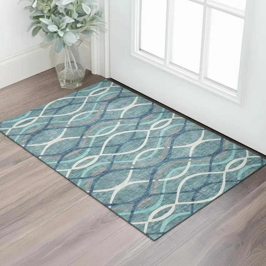 Teal Ivory And Gray Abstract Washable Area Rug With UV Protection Photo 1