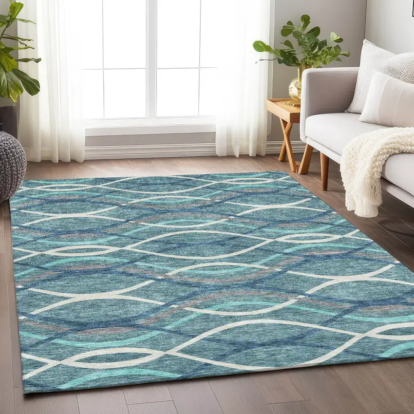 Teal Ivory And Gray Abstract Washable Area Rug With UV Protection Photo 5