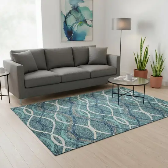 Teal Ivory And Gray Abstract Washable Area Rug With UV Protection Photo 2