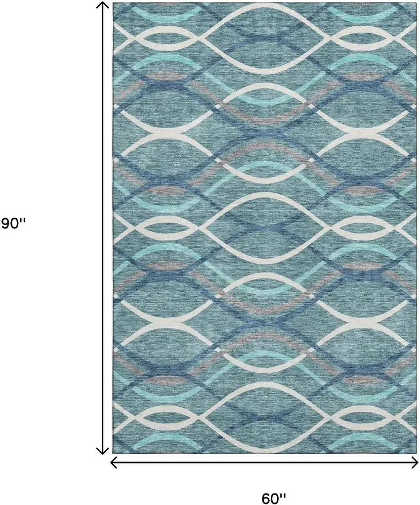 Teal Ivory And Gray Abstract Washable Area Rug With UV Protection Photo 3