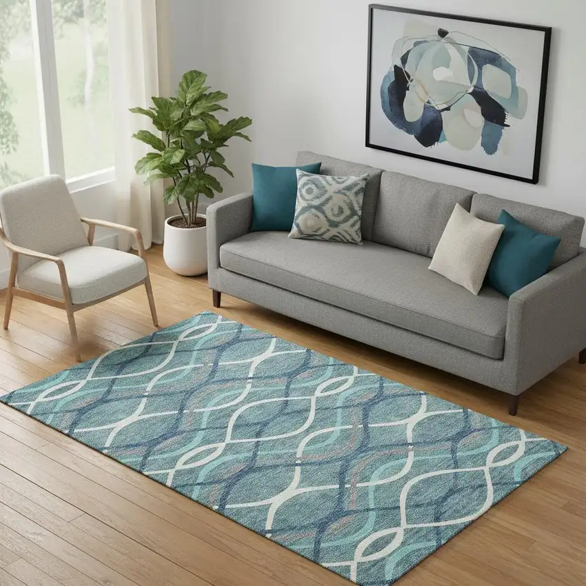 Teal Ivory And Gray Abstract Washable Area Rug With UV Protection Photo 1