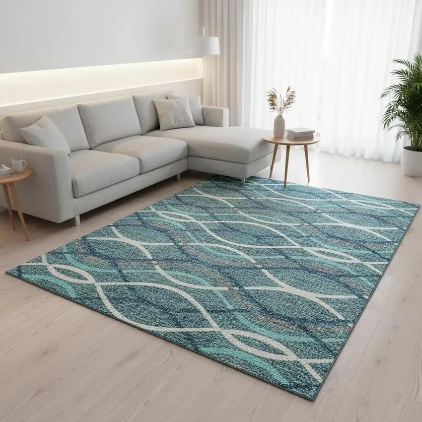 Teal Ivory And Gray Abstract Washable Area Rug With UV Protection Photo 2