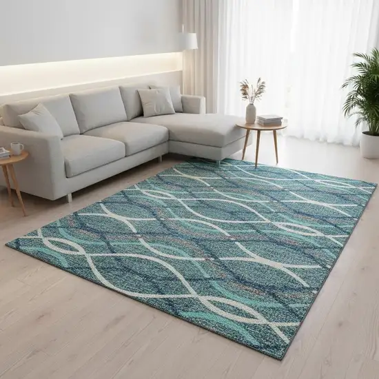 Teal Ivory And Gray Abstract Washable Area Rug With UV Protection Photo 2
