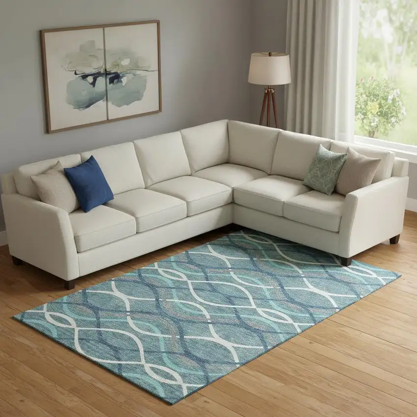 Teal Ivory And Gray Abstract Washable Area Rug With UV Protection Photo 1