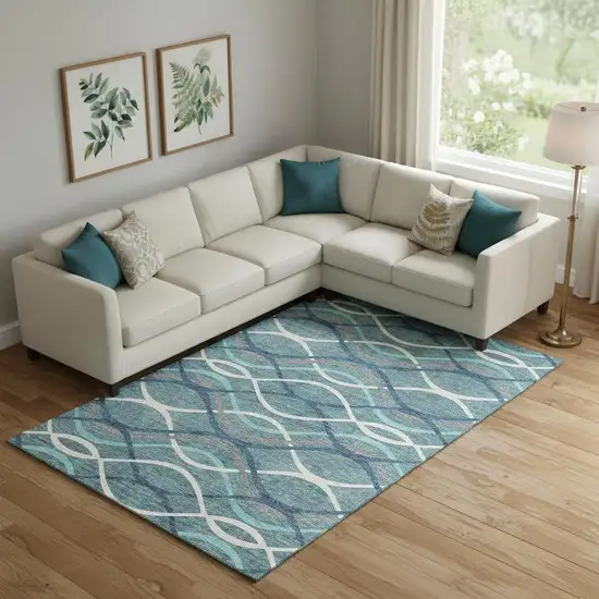 Teal Ivory And Gray Abstract Washable Area Rug With UV Protection Photo 1