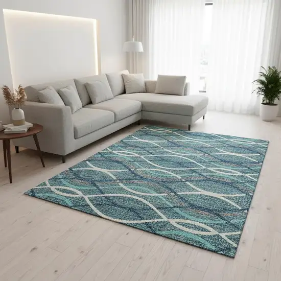 Teal Ivory And Gray Abstract Washable Area Rug With UV Protection Photo 2