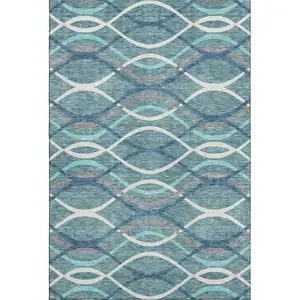 Photo of Teal Ivory And Gray Abstract Washable Area Rug With UV Protection