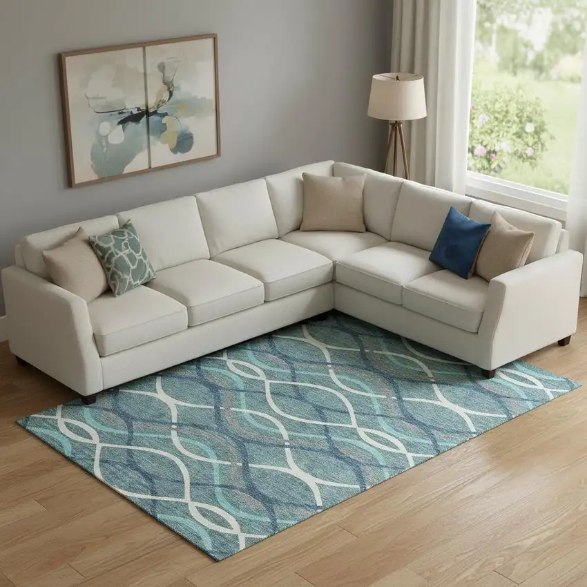 Teal Ivory And Gray Abstract Washable Area Rug With UV Protection Photo 1
