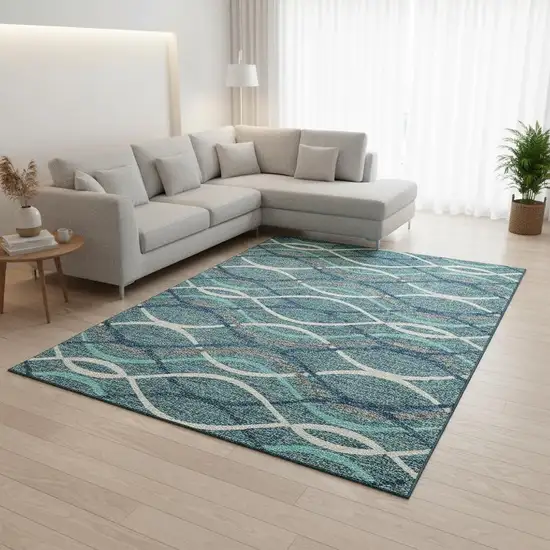 Teal Ivory And Gray Abstract Washable Area Rug With UV Protection Photo 2