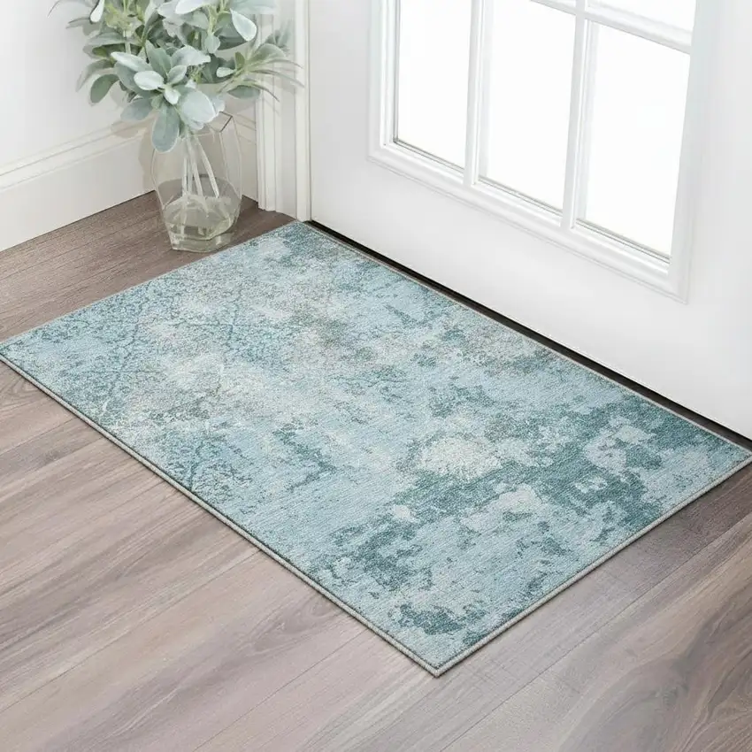 Teal Ivory And Gray Abstract Washable Area Rug With UV Protection Photo 2