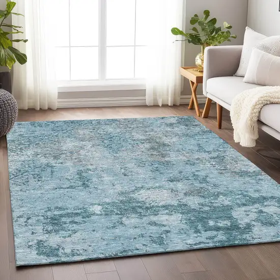 Teal Ivory And Gray Abstract Washable Area Rug With UV Protection Photo 5