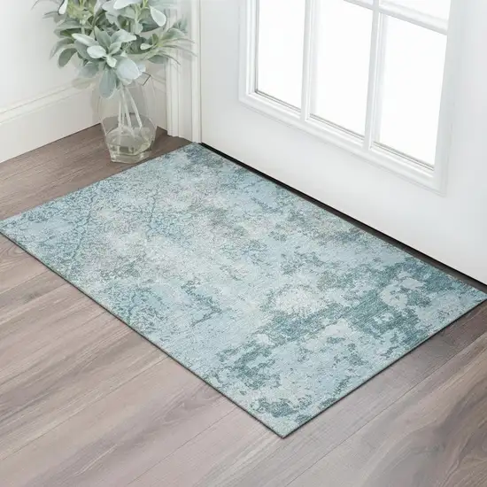Teal Ivory And Gray Abstract Washable Area Rug With UV Protection Photo 1