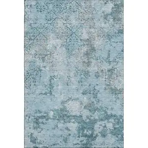 Photo of Teal Ivory And Gray Abstract Washable Area Rug With UV Protection