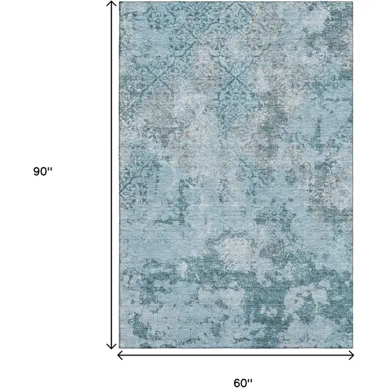 Teal Ivory And Gray Abstract Washable Area Rug With UV Protection Photo 3