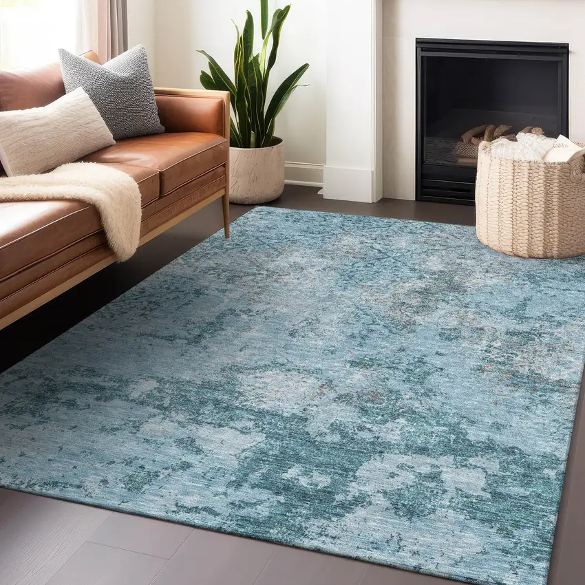 Teal Ivory And Gray Abstract Washable Area Rug With UV Protection Photo 6