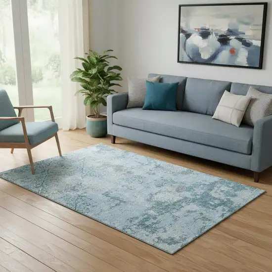 Teal Ivory And Gray Abstract Washable Area Rug With UV Protection Photo 1
