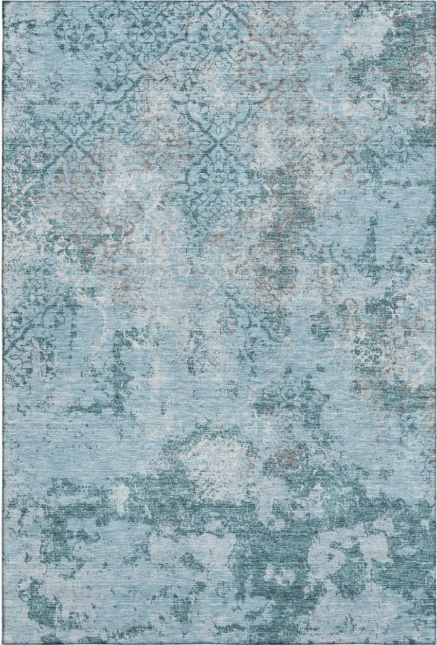 Teal Ivory And Gray Abstract Washable Area Rug With UV Protection Photo 2