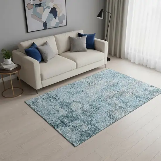 Teal Ivory And Gray Abstract Washable Area Rug With UV Protection Photo 2