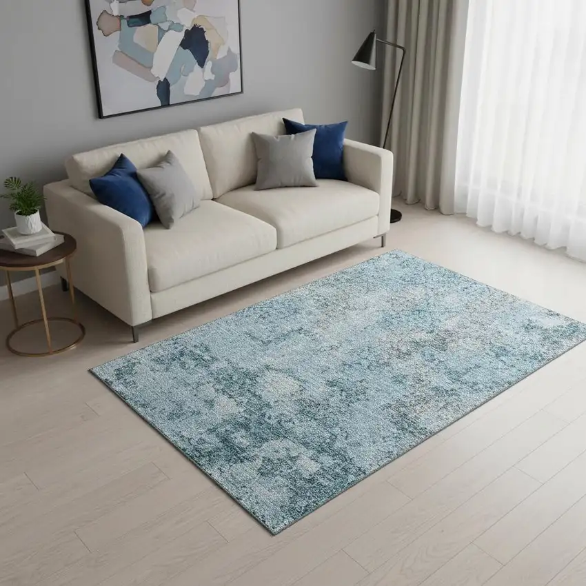 Teal Ivory And Gray Abstract Washable Area Rug With UV Protection Photo 2