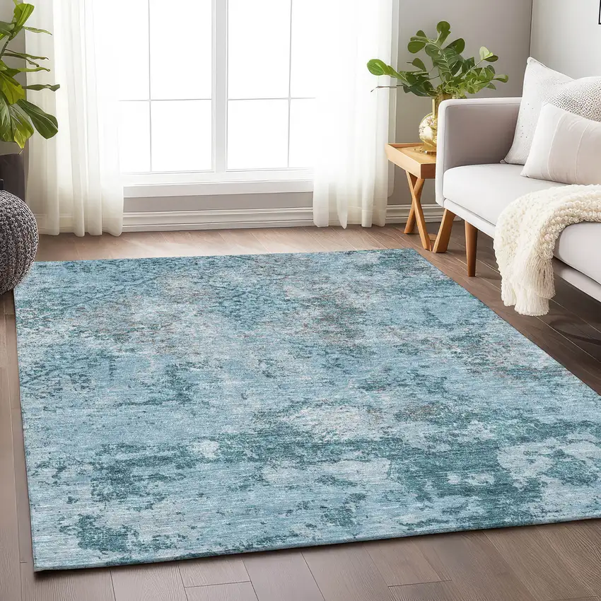 Teal Ivory And Gray Abstract Washable Area Rug With UV Protection Photo 5