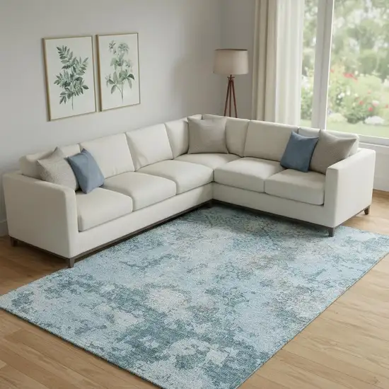 Teal Ivory And Gray Abstract Washable Area Rug With UV Protection Photo 1