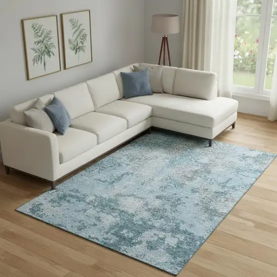 Teal Ivory And Gray Abstract Washable Area Rug With UV Protection Photo 1