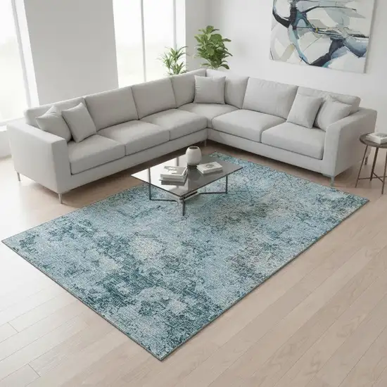 Teal Ivory And Gray Abstract Washable Area Rug With UV Protection Photo 2