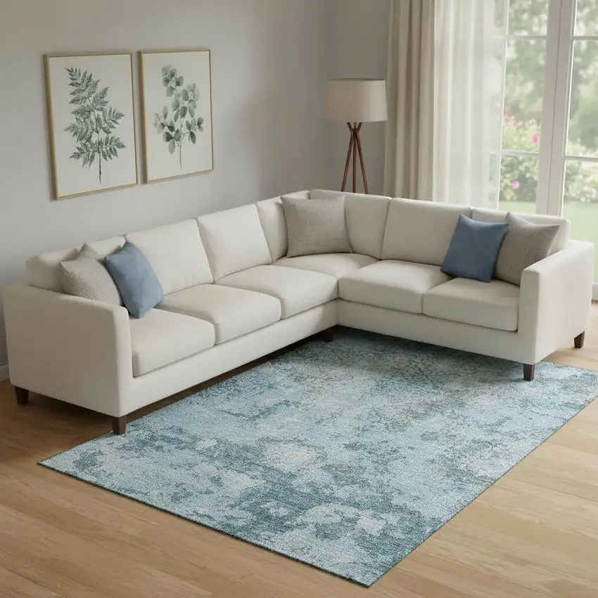 Teal Ivory And Gray Abstract Washable Area Rug With UV Protection Photo 1