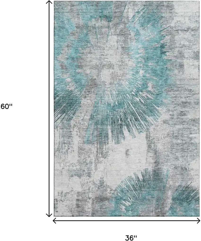Teal Ivory And Gray Abstract Washable Area Rug With UV Protection Photo 9