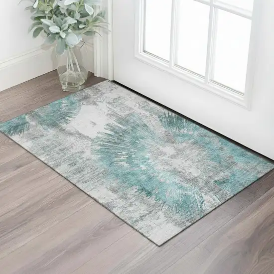 Teal Ivory And Gray Abstract Washable Area Rug With UV Protection Photo 1