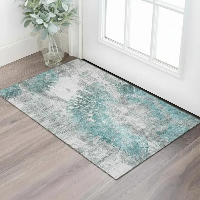 Teal Ivory And Gray Abstract Washable Area Rug With UV Protection Photo 1