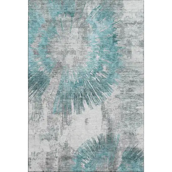 Teal Ivory And Gray Abstract Washable Area Rug With UV Protection Photo 1