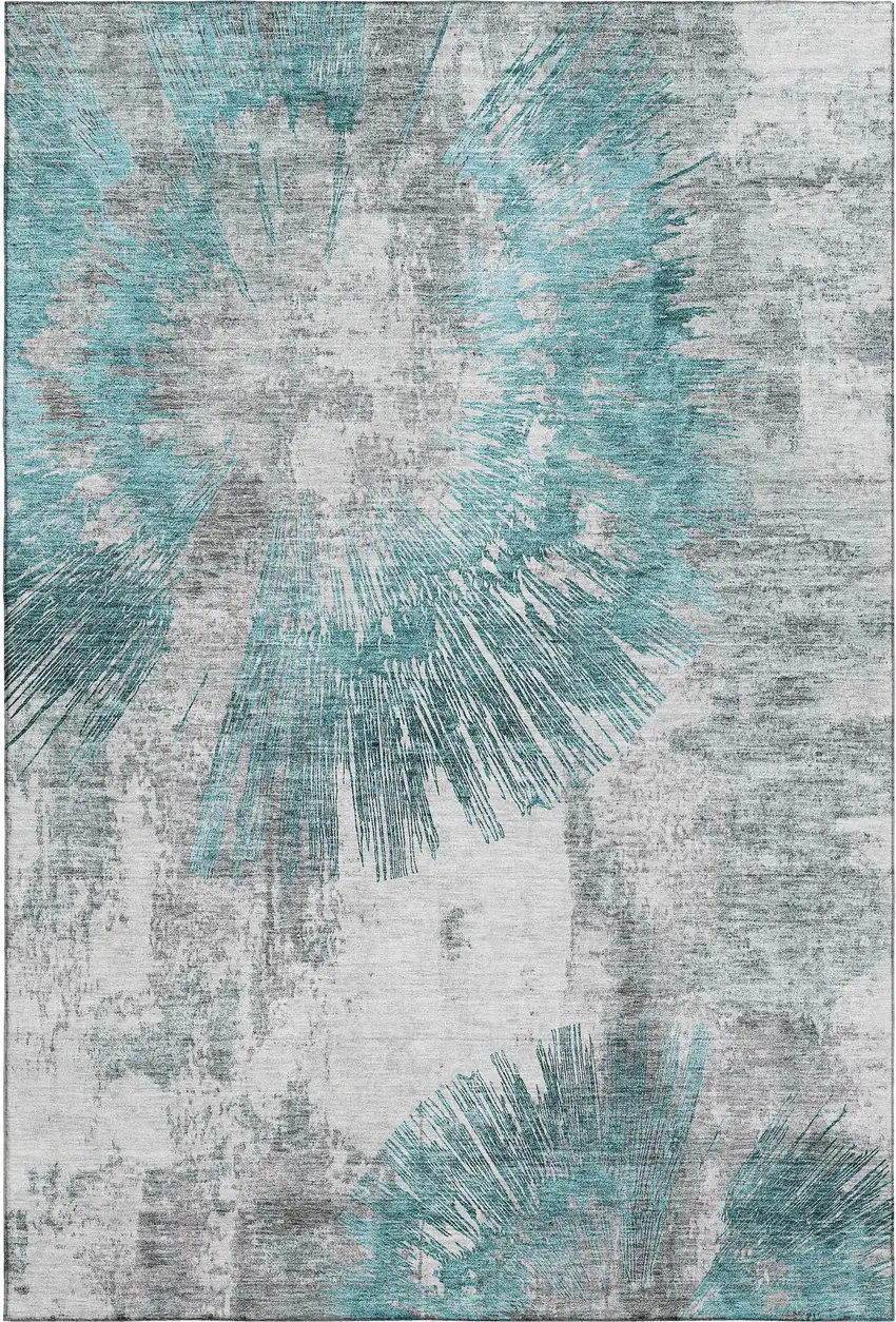 Teal Ivory And Gray Abstract Washable Area Rug With UV Protection Photo 1