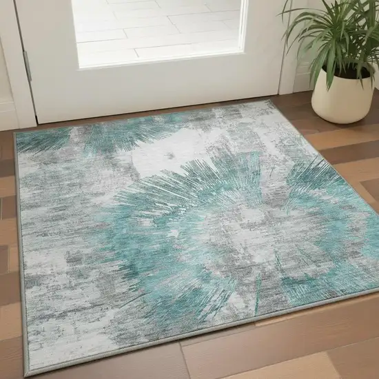 Teal Ivory And Gray Abstract Washable Area Rug With UV Protection Photo 2