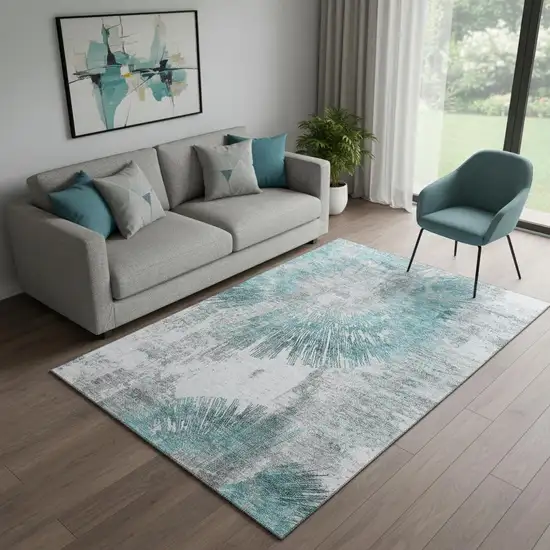 Teal Ivory And Gray Abstract Washable Area Rug With UV Protection Photo 1