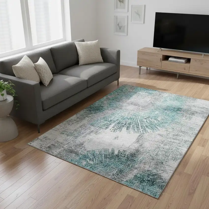 Teal Ivory And Gray Abstract Washable Area Rug With UV Protection Photo 2
