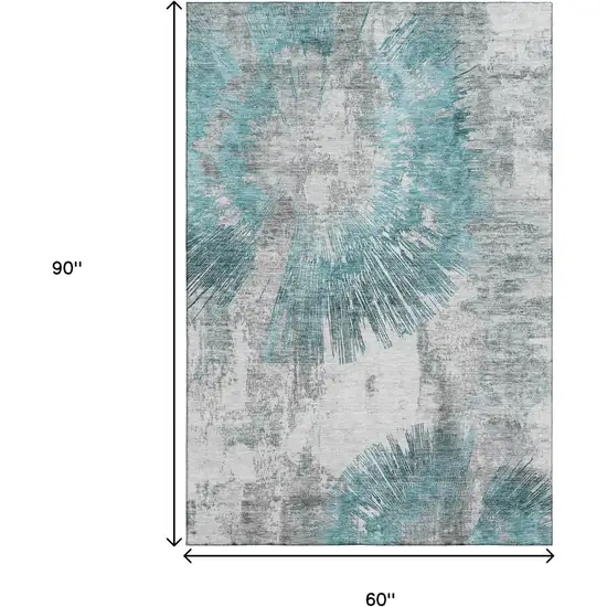 Teal Ivory And Gray Abstract Washable Area Rug With UV Protection Photo 3