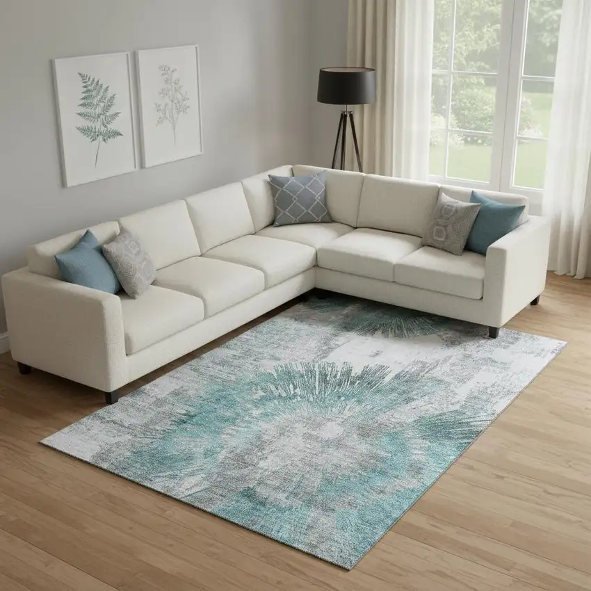 Teal Ivory And Gray Abstract Washable Area Rug With UV Protection Photo 1