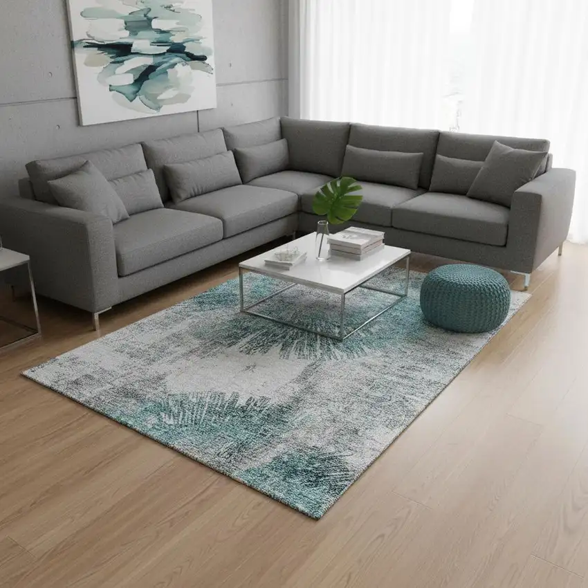 Teal Ivory And Gray Abstract Washable Area Rug With UV Protection Photo 2