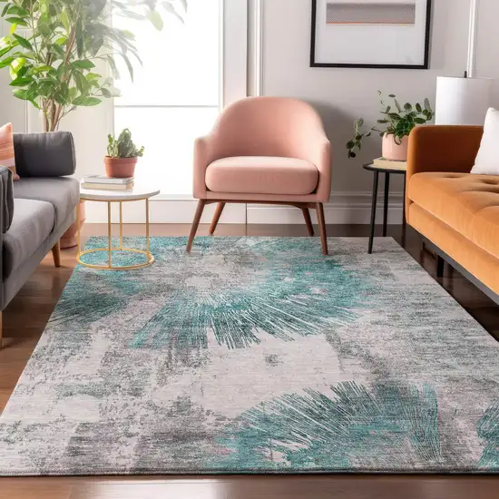 Teal Ivory And Gray Abstract Washable Area Rug With UV Protection Photo 4