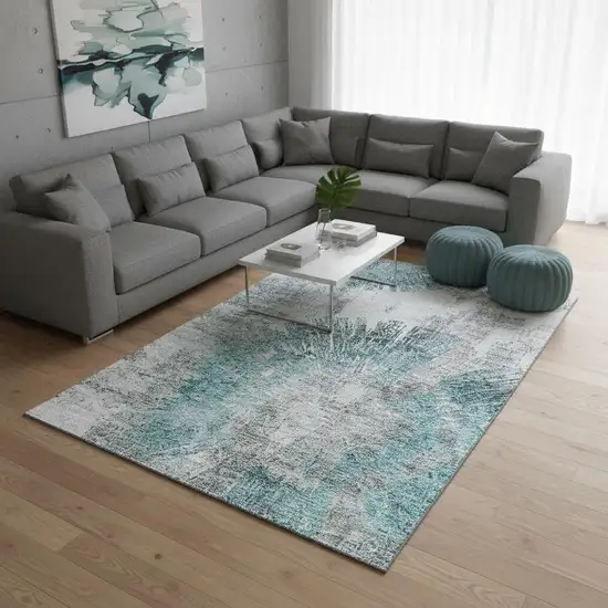 Teal Ivory And Gray Abstract Washable Area Rug With UV Protection Photo 2